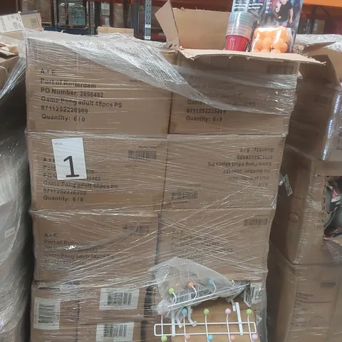 PALLET TO CONTAINING A VERY LARGE QUANTITY OF ASSORTED ITEMS INCLUDING: BEER PONG SETS, DOOR HANGERS ECT