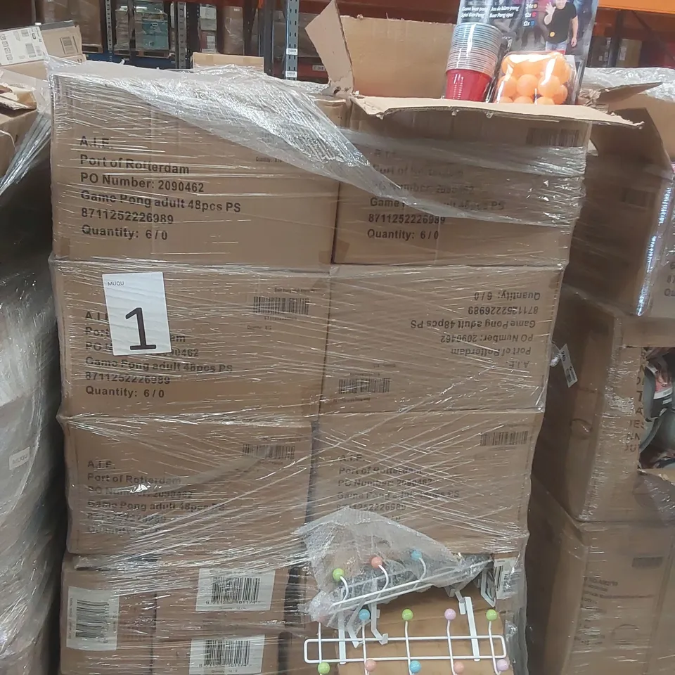 PALLET TO CONTAINING A VERY LARGE QUANTITY OF ASSORTED ITEMS INCLUDING: BEER PONG SETS, DOOR HANGERS ECT