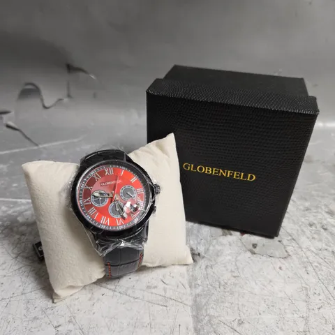 BOXED GLOBENFELD ROMAN CHRONOGRAPH WATCH WITH RED DIAL 