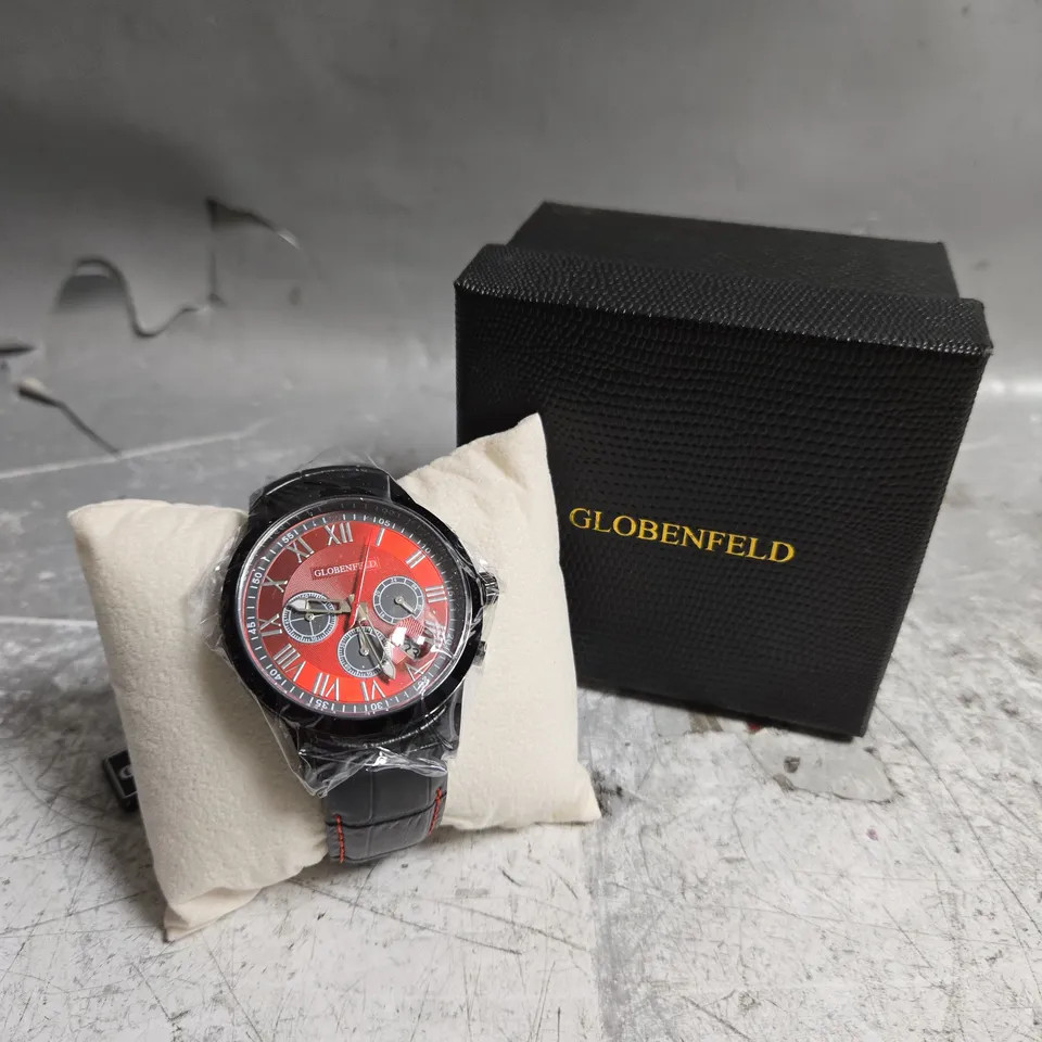 BOXED GLOBENFELD ROMAN CHRONOGRAPH WATCH WITH RED DIAL 