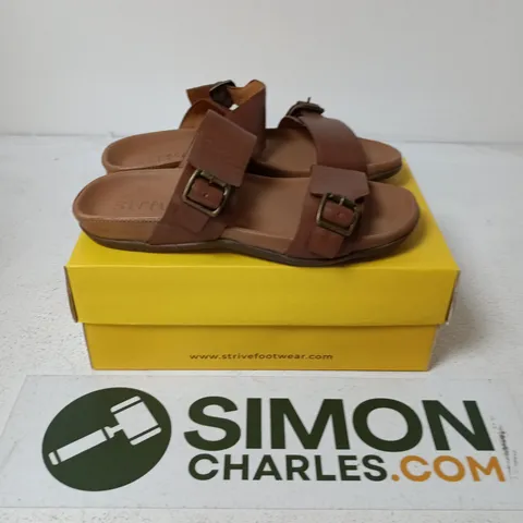 BOXED PAIR OF STRIVE CAPRERA SANDALS IN TAN - UK 6