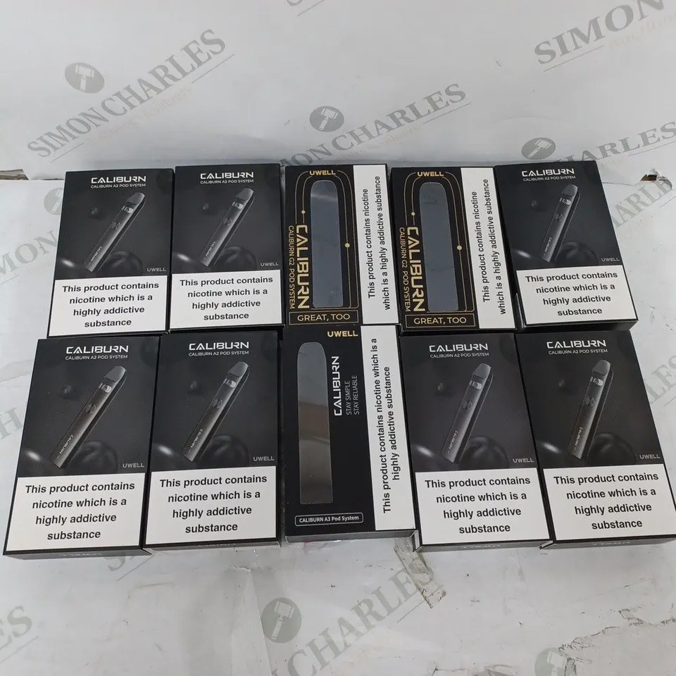 LOT OF APPROXIMATELY 10 BOXED E-CIGARETTES TO INCLUDE CALIBURN A2 POD, CALIBURN G2 POD, AND CALIBURN A3 POD ETC. 