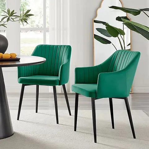 BOXED 2X CALLA GREEN VELVET DINING CHAIRS WITH BLACK LEGS