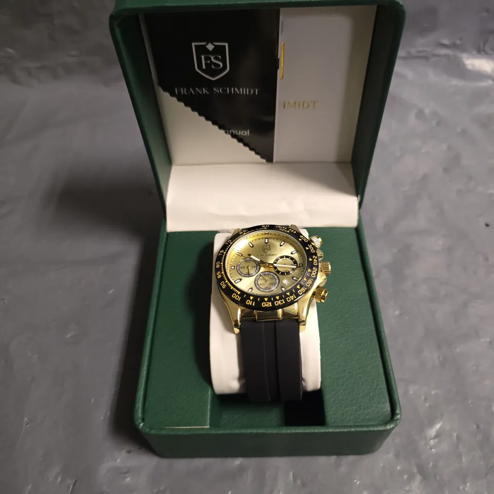 FRANK SCHMIDT GOLD DIAL GENT WATCH WITH BLACK RUBBER STRAP