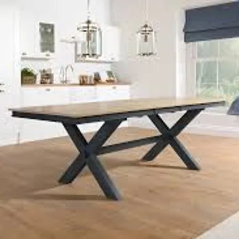 BOXED GRANGE EXTENDING DINING TABLE 180-200cm, NATURAL OAK FINISH & SLATE BLUE SOLID HARDWOOD TOP (2 BOXES)