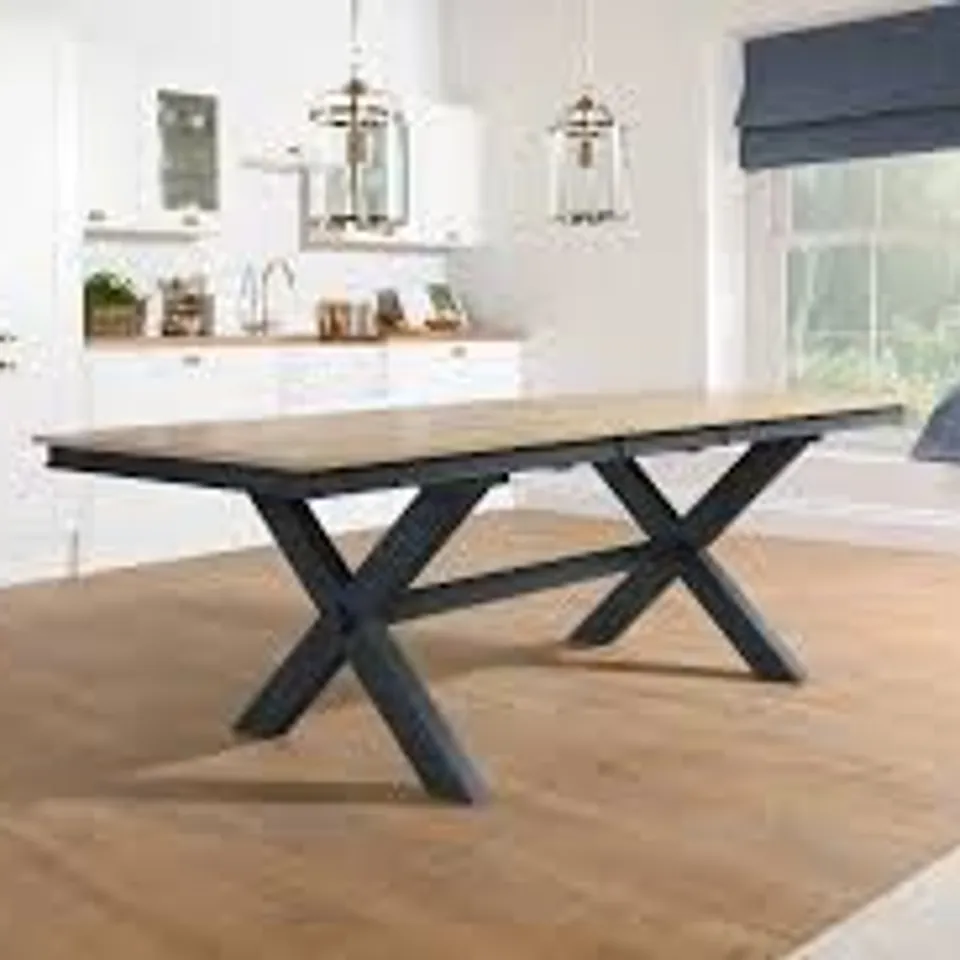 BOXED GRANGE EXTENDING DINING TABLE 180-200cm, NATURAL OAK FINISH & SLATE BLUE SOLID HARDWOOD TOP (2 BOXES)