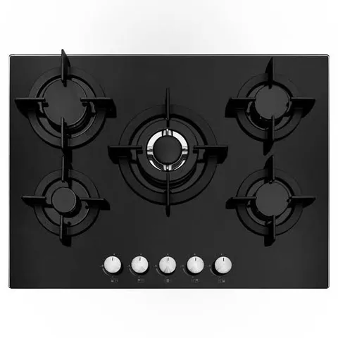 BOXED COOKOLOGY 70CM BUILT-IN 5 BURNER GAS ON GLASS HOB WITH WOK BURNER – BLACK