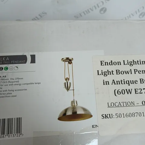 BOXED ENDON LIGHTING 1 LIGHT BOWL PENDANT IN ANTIEUQ BRASS