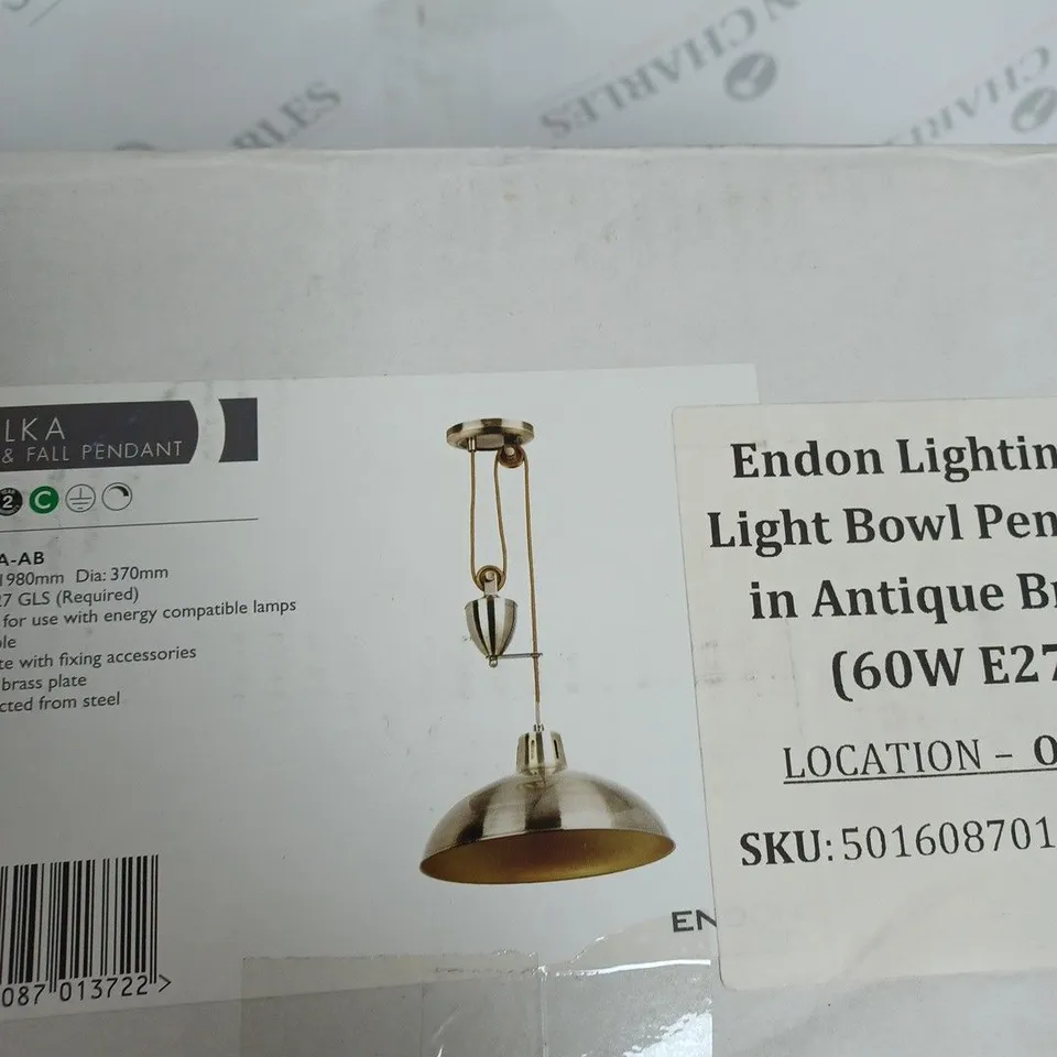 BOXED ENDON LIGHTING 1 LIGHT BOWL PENDANT IN ANTIEUQ BRASS