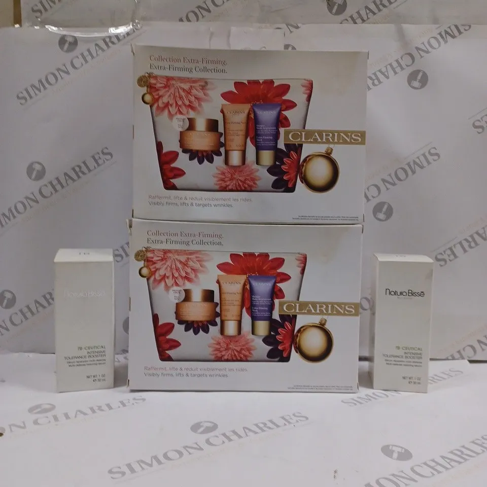 BOX OF APPROXIMATELY 15 ASSORTED HEALTH AND BEAUTY ITEMS TO INCLUDE CLARINS EXTRA FIRMING COLLECTION AND NATURA BISSE TOLERANCE BOOST 