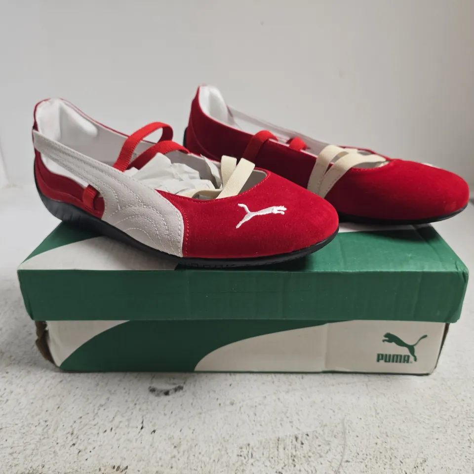 BOXED PAIR OF PUMA SPEEDCAT BALLET SHOES IN RED/WHITE SIZE UK 4