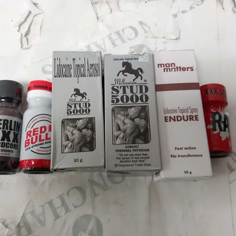 SIX ASSORTED MEN'S PRODUCTS TO INCLUDE; BERLIN XXX HARDCORE, XXX STRENGTH RAW, RED BULLET, MILLENIUM STUD 5000 AND MAN MATTERS LIDOCAINE TOPICAL SPRAY ENDURE