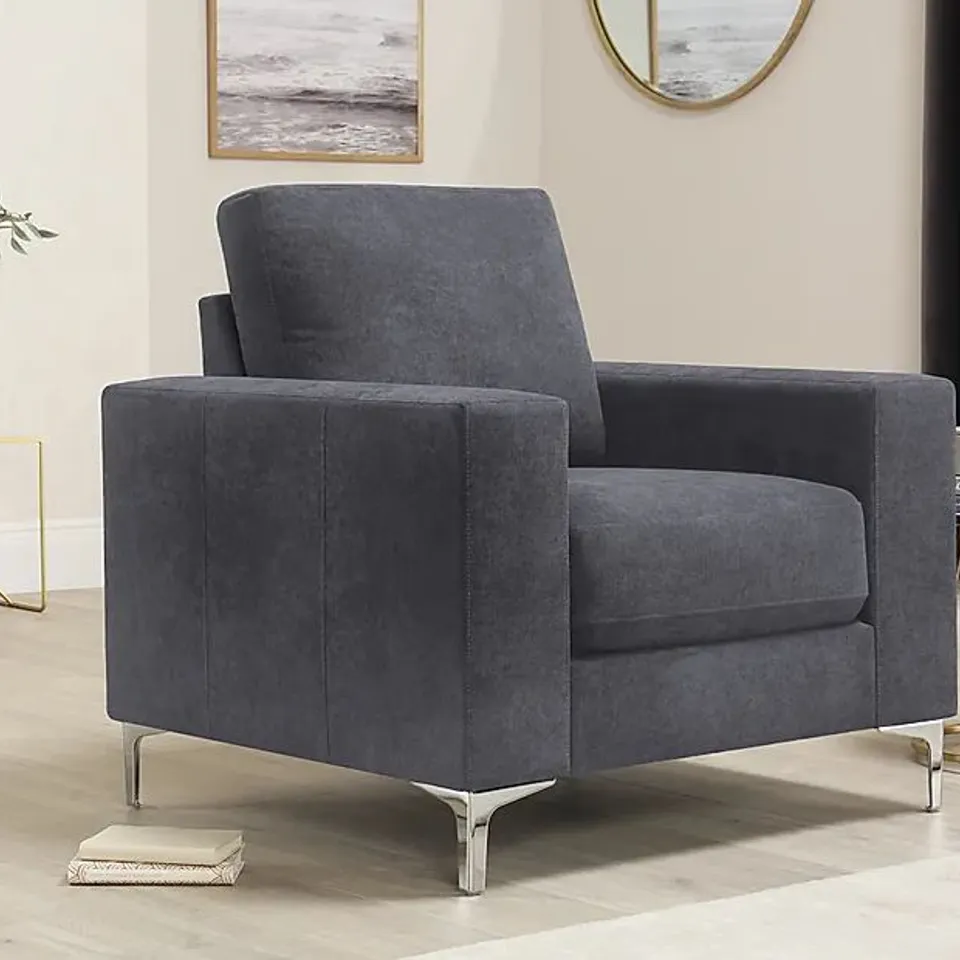 BOXED DESIGNER BALTIMORE SLATE GREY PLUSH FABRIC ARMCHAIR