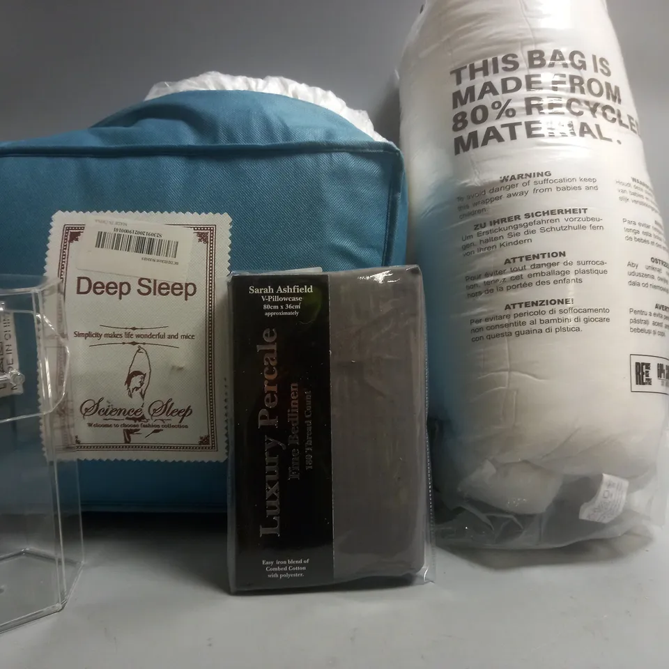 BOX OF APPROXIMATELY 7 ASSORTED ITEMS TO INCLUDE - CLEAR CONTAINER - FINE BEDLINEN - WHITE PILLOW ETC