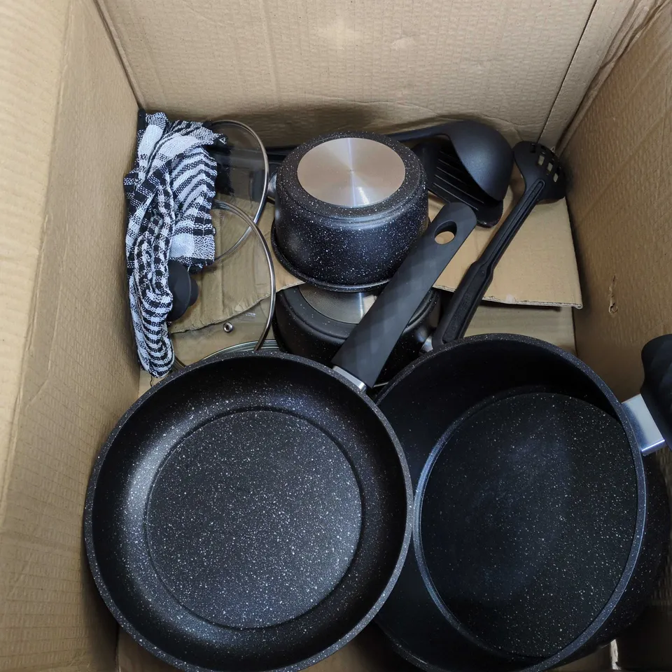BOX OF ASSORTED PANS AND KITCHEN ACCESSORIES 