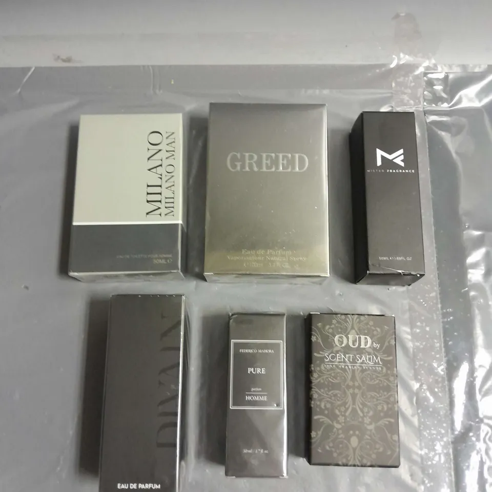 BOX OF APPROXIMATELY 6 ASSORTED BOXED FRAGRANCES TO INCLUDE - FEDERICO MAHORA PURE - GREED - MILANO MAN - ETC