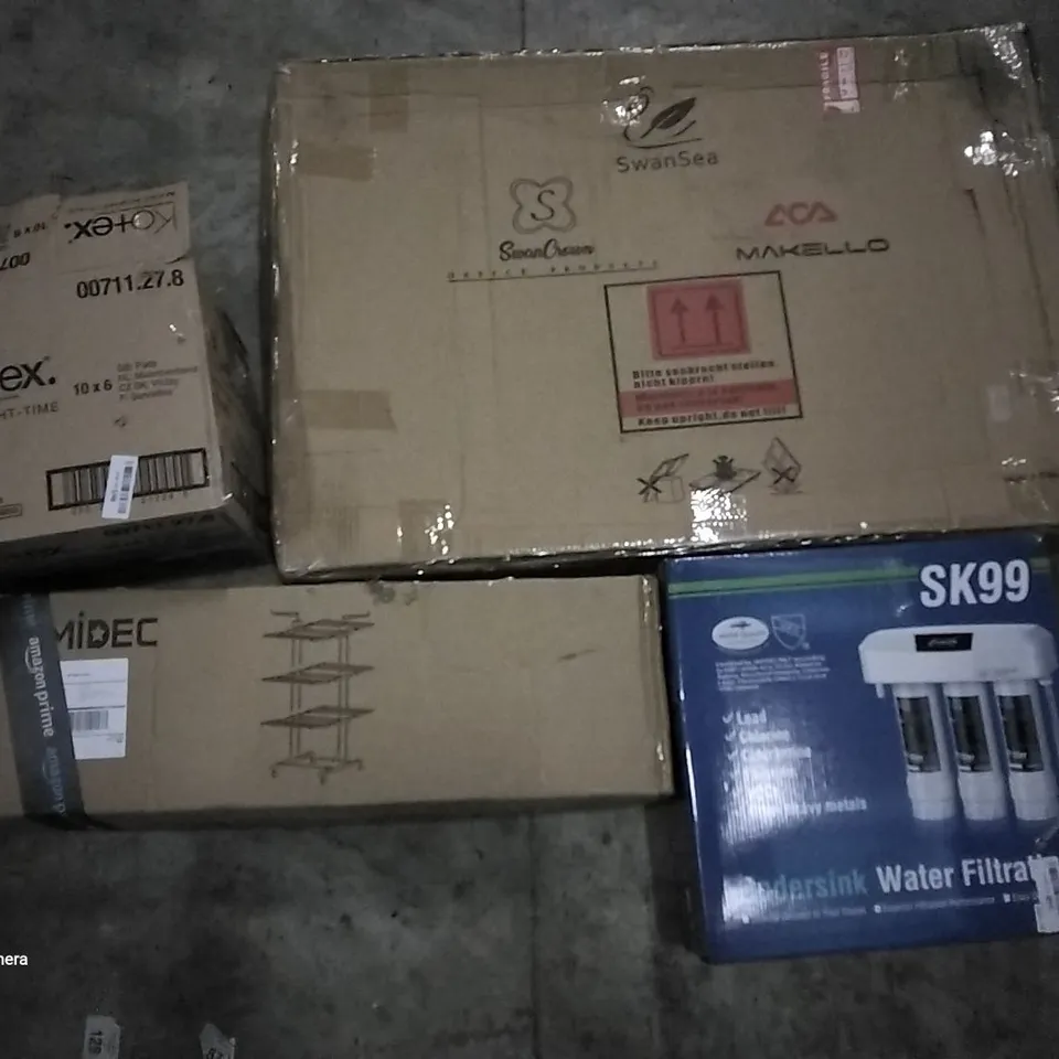 PALLET OF ASSORTED ITEMS INCLUDING UNDERSINK WATER FILTRATION, HOMIDEC DRYING RACK, MAXI NIGHT-TIME PADS, BUGGY PLATFORM & SEAT, MULTIPLE TIER SHOE RACK ORGANISER, ECOHEATER