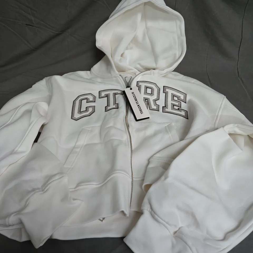 BAGGED THE COUTURE CLUB VARSITY CROPPED ZIP TRHOUGH HOODIE IN OFF WHITE SIZE 10