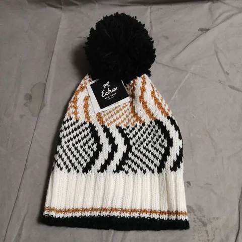 ECHO NEW YORK KNITTED BEANIE WITH POM-POM – MULTICOLOUR GEOMETRIC PATTERN