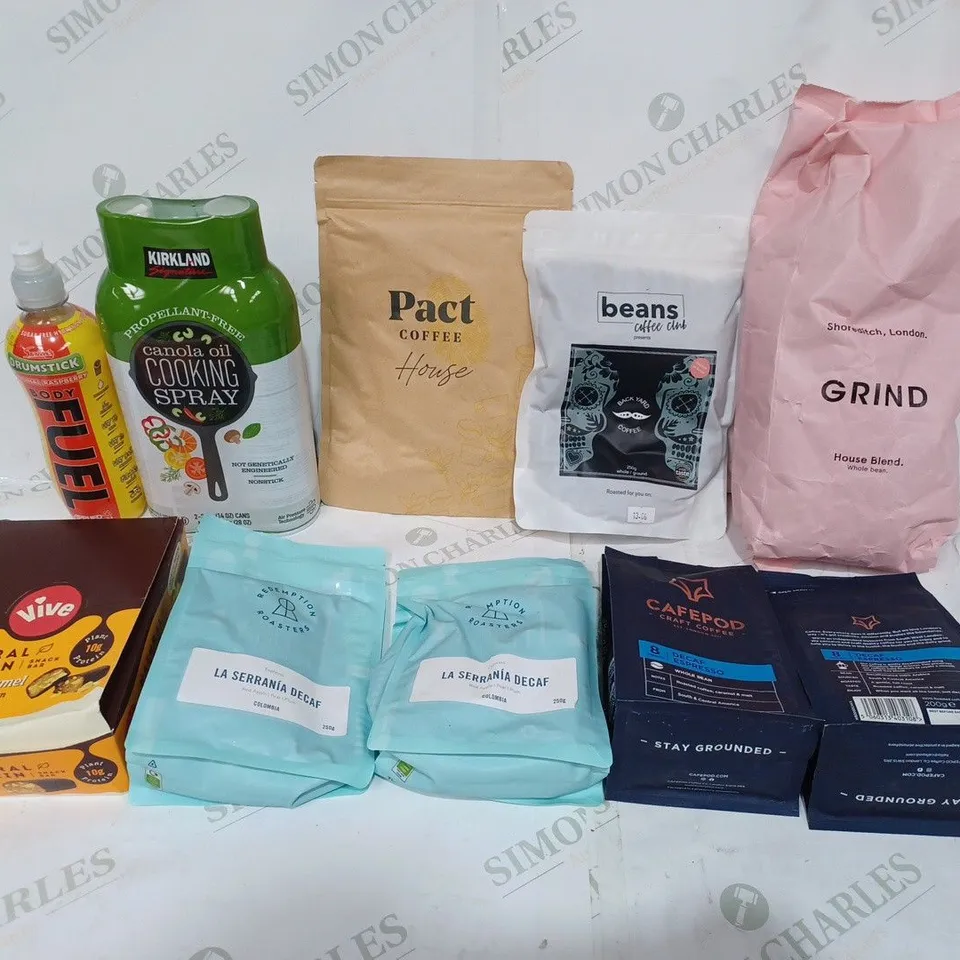 BOX TO CONTAIN 10 X ASSORTED COFFEE, FOOD & DRINK PRODUCTS. INCLUDES 7 X PACKS OF COFFEE, FUEL DRINK, COOKING SPRAY & A BOX OF PROTEIN BARS 