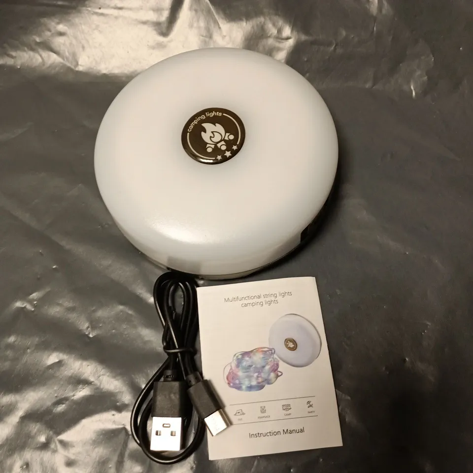 MULTI-FUNCTION CAMPING LAMP WITH WARM LIGHT & RGB STRING LIGHTS – USB POWERED, BOXED