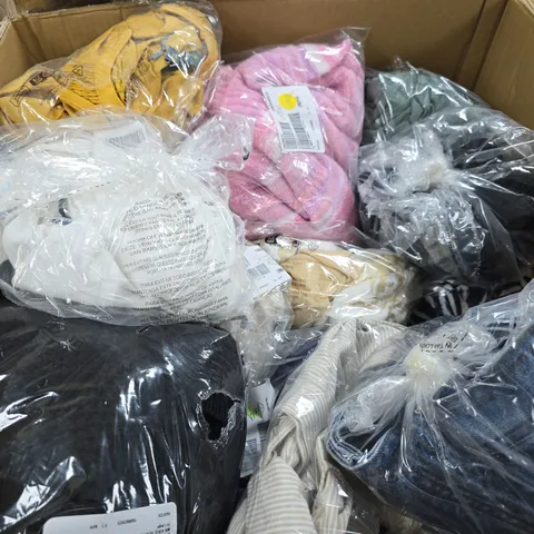 LARGE BOX OF APPROX 15 ASSORTED CLOTHING ITEMS IN VARIOUS STYLES , SIZES AND COLORS