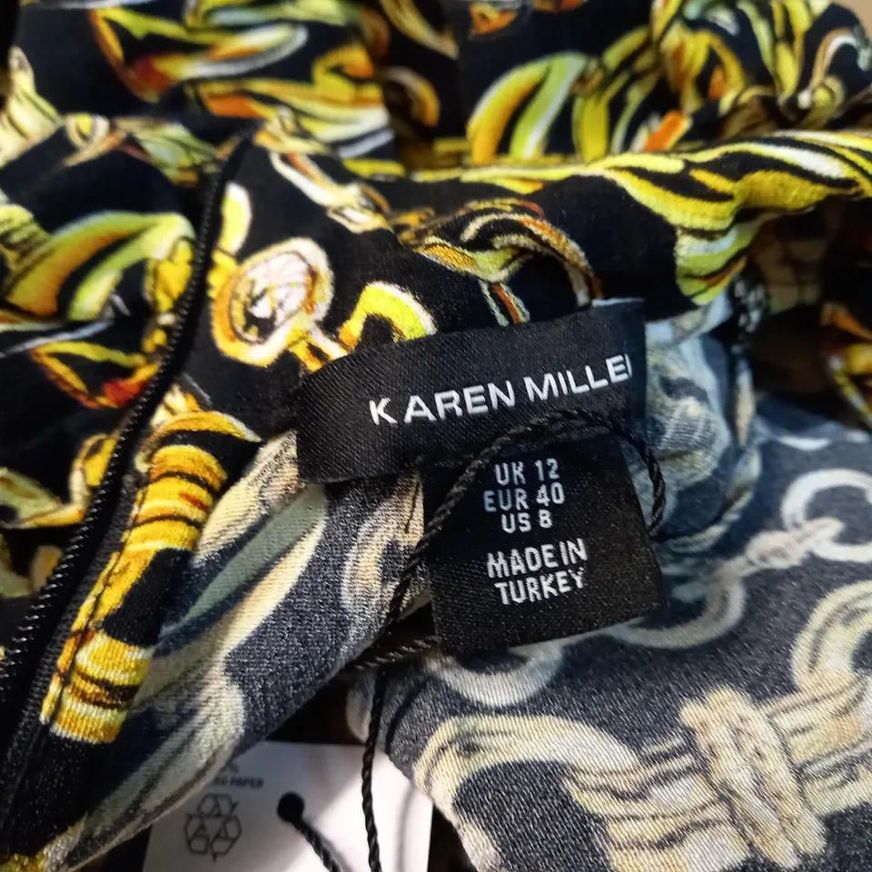KAREN MILLEN CHAIN PRINT WOVEN TIE NECK MINI DRESS - SIZE 12