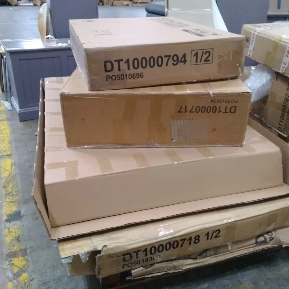 PALLET OF ASSORTED FLAT PACK DINING TABLE PARTS 