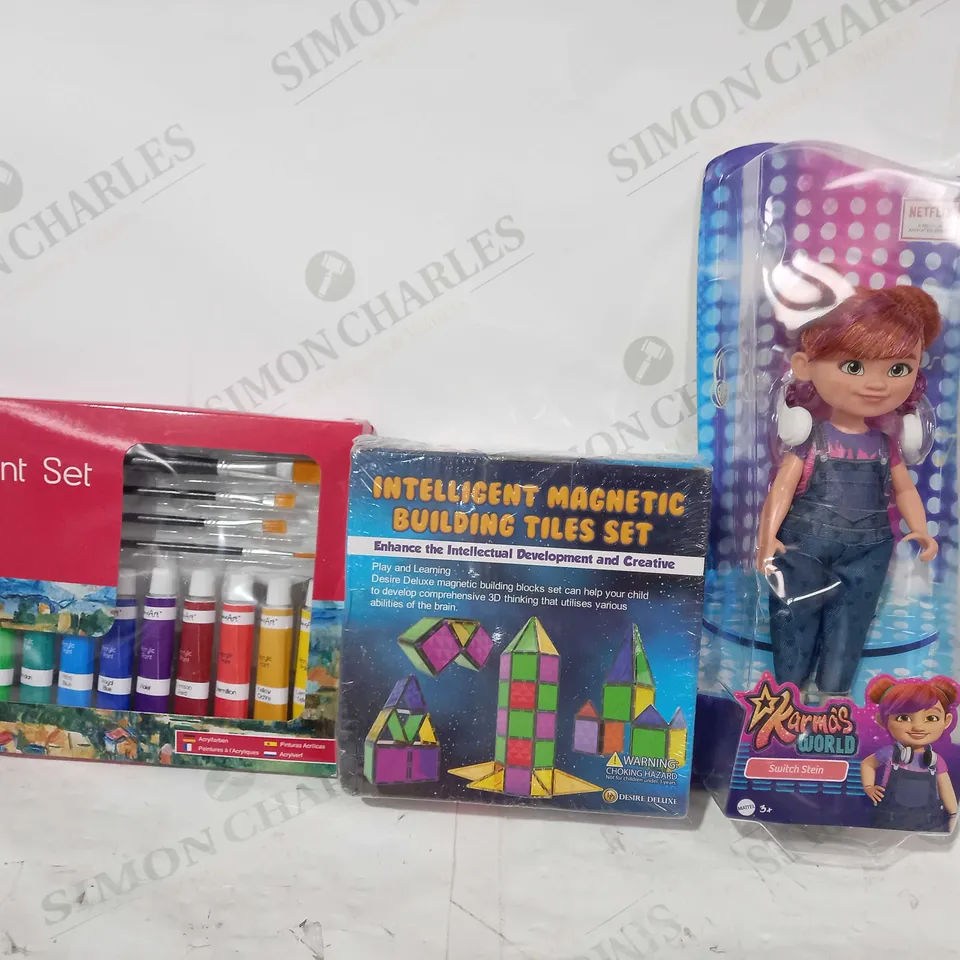 BOX OF APPROXIMATELY 15 ASSORTED TOYS AND GAMES TO INCLUDE ACRYLIC PAINT SET, INTELLIGENT MAGNETIC BUILDING TILES SET, KARMA'S WORLD SWITCH STEIN FIGURE, ETC