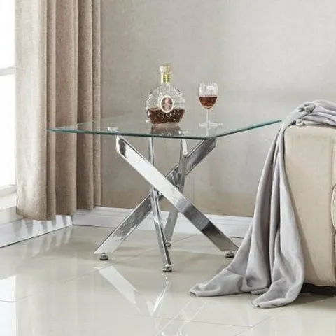 BRAND NEW BOXED DAYTONA CLEAR GLASS RECTANGULAR LAMP TABLE WITH CHROME LEGS (2 BOXES)