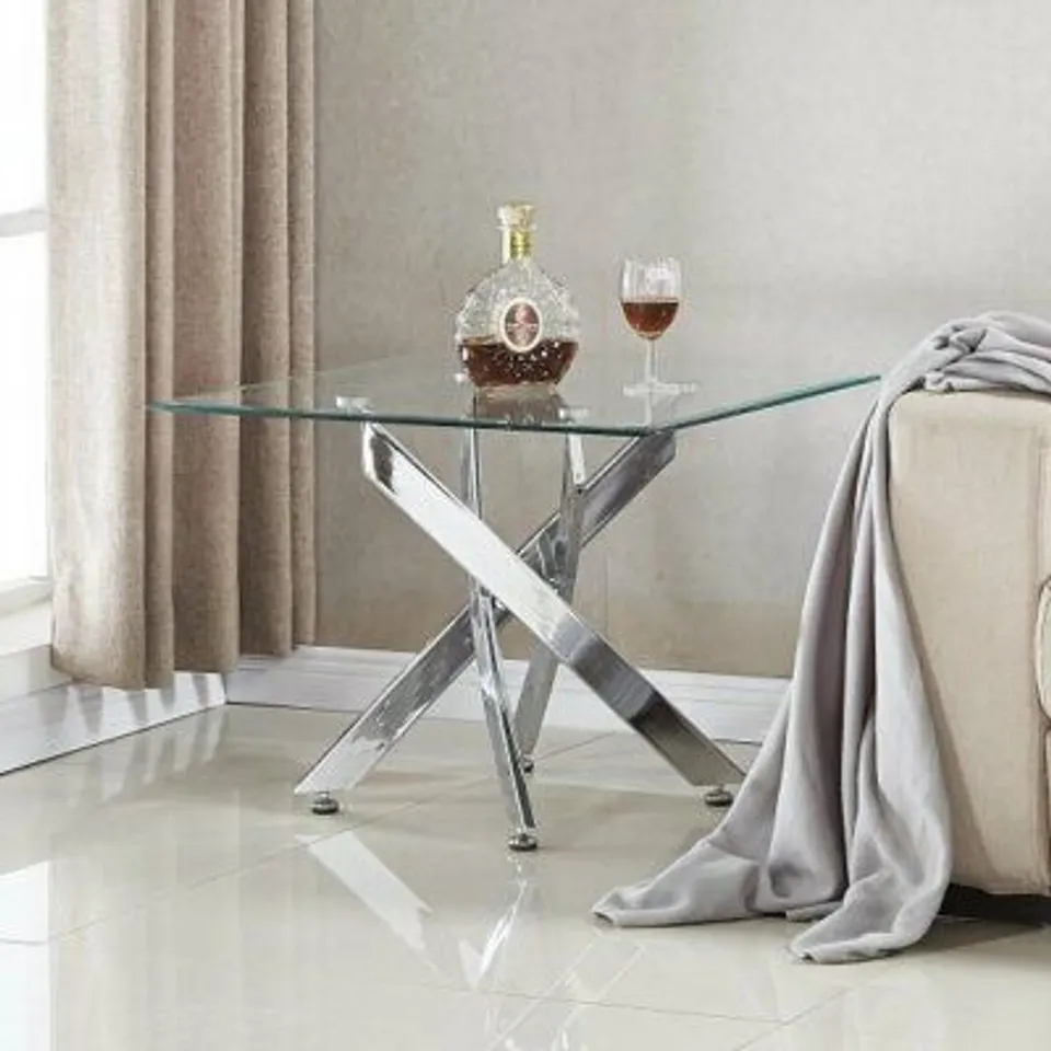 BRAND NEW BOXED DAYTONA CLEAR GLASS RECTANGULAR LAMP TABLE WITH CHROME LEGS (2 BOXES)