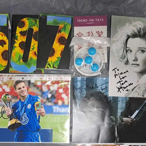 APPROXIMATELY 15 ASSORTED ITEMS TO INCLUDE WHEELIE BIN NUMBERS, SMALL ASSORTMENT OF SIGNED IMAGES, ETC
