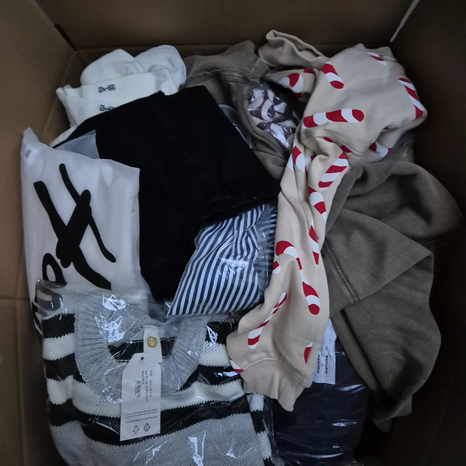 LARGE BOX OF ASSORTED CLOTHING ITEMS IN ASSORTED COLOUR, SIZES AND STYLES