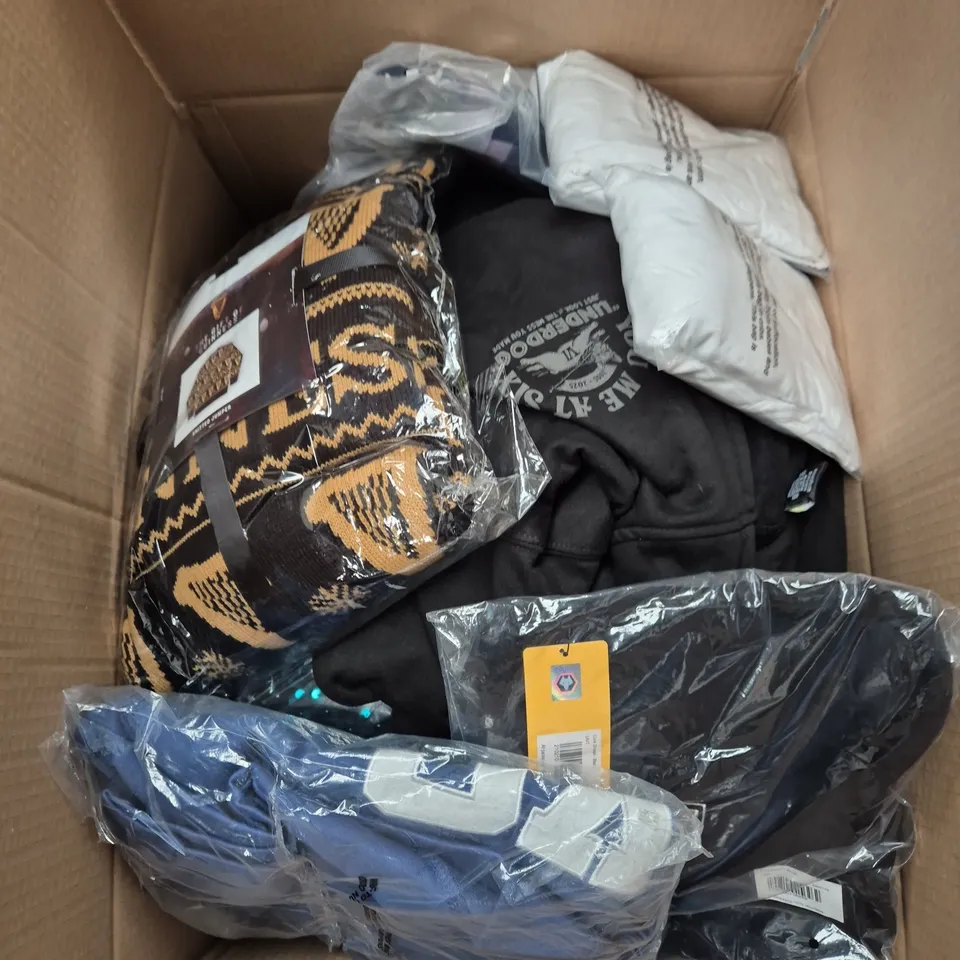 LARGE BOX OF ASSORTED CLOTHING ITEMS IN VARIOUS SIZES, STYLES AND COLOUR 