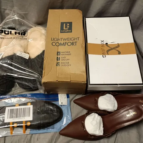 APPROXIMATELY 15 ASSORTED PAIRS OF SHOES AND FOOTWEAR ITEMS IN VARIOUS STYLES AND SIZES TO INCLUDE BRANDS SUCH AS LONGBAY, PRETTYLITTLETHING, POLAR, ETC - COLLECTION ONLY