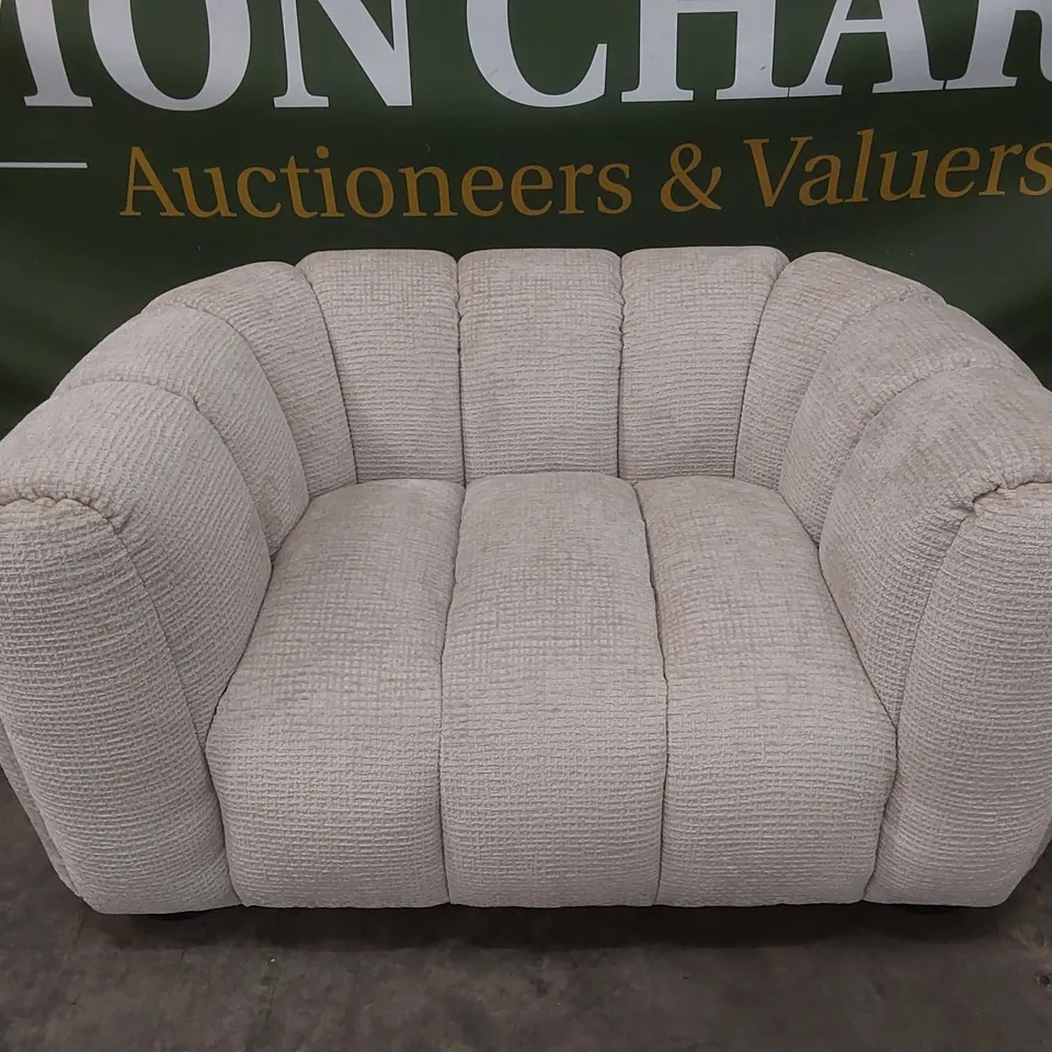 QUALITY DESIGNER BELLE SNUGGLER CHAIR IN GLAM BLOCK FABRIC - NATURAL