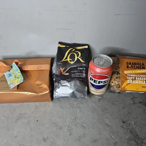 APPROXIMATELY 13 ASSORTED FOOD & DRINK ITEMS TO INCLUDE -  M&S BELGIAN CHOCOLATE , PEPSI STRAWBERRY & CREAM , GRANOLA KITCHEN SOFT BAKED ETC