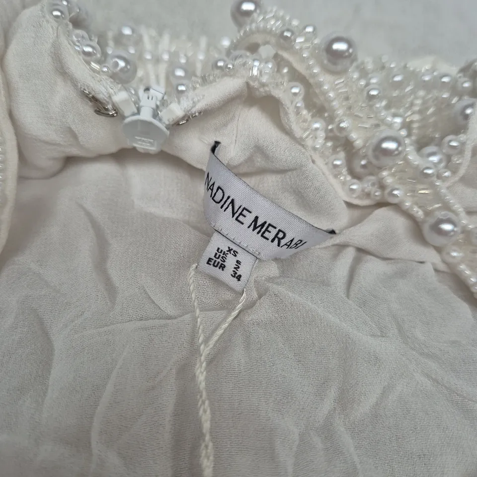 NADINE MERABI WOMEN'S BEADED WHITE DRESS, XS (UK) – WITH PEARL EMBELLISHMENTS
