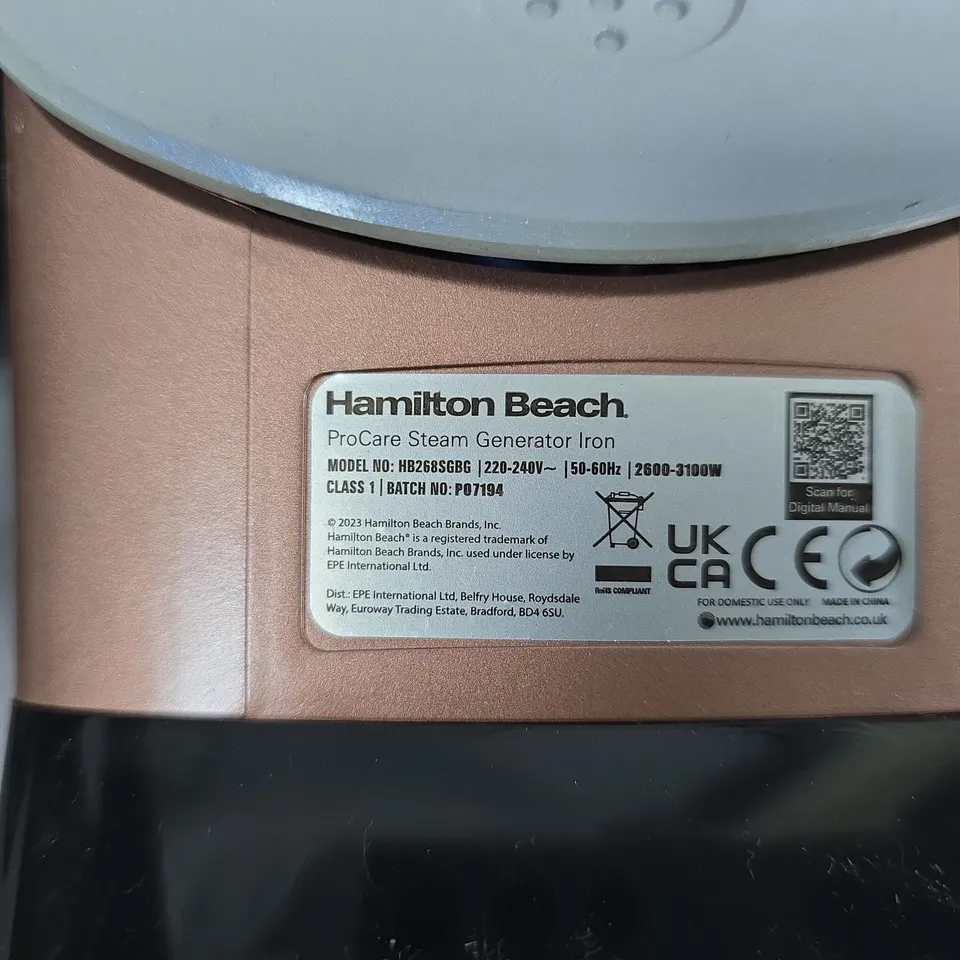 HAMILTON BEACH PROCARE STEAM GENERATOR IRON – MODEL HB26SGBG