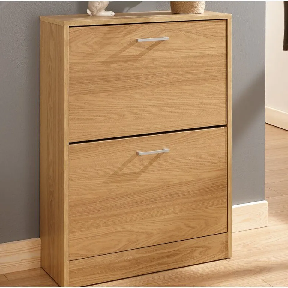 BOXED STIRLING 12 PAIR SHOE STORAGE CABINET - OAK 