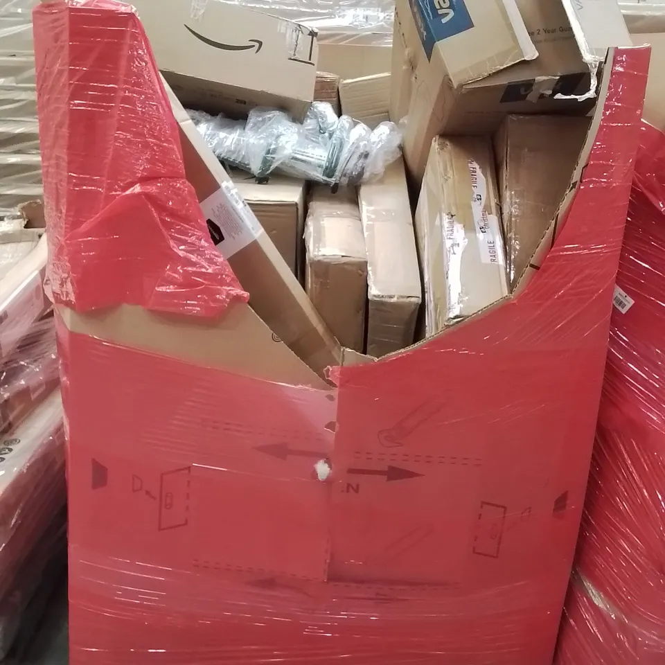 PALLET CONTAINING VARIOUS ASSORTED BOXED HOUSEHOLD ITEMS TO INCLUDE: VAX AIR LIFT 2, STEP STOOL, AND LOTS MORE UNMARKED BOXED ITEMS 