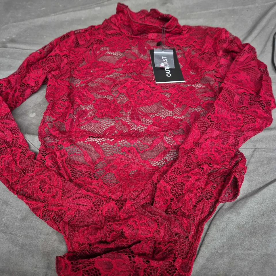 OUTCAST RED LACE BODYSUIT WITH POPPER FASTENING – SIZE M