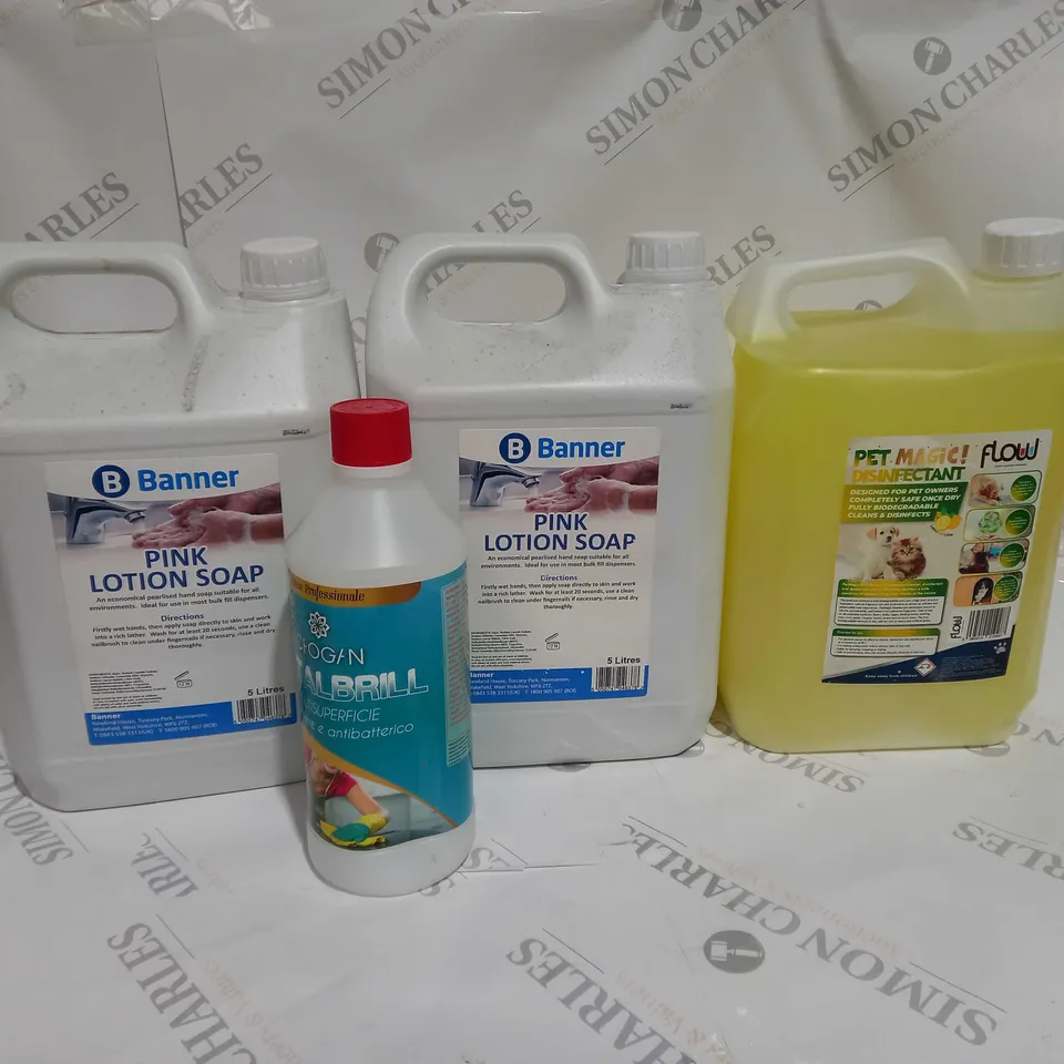 4 ASSORTED LIQUIDS TO INCLUDE:BANNER PINK LOTION SOAP, CHOGAN TOTALBRILL, PET MAGIC DISINFECTANT - COLLECTION ONLY