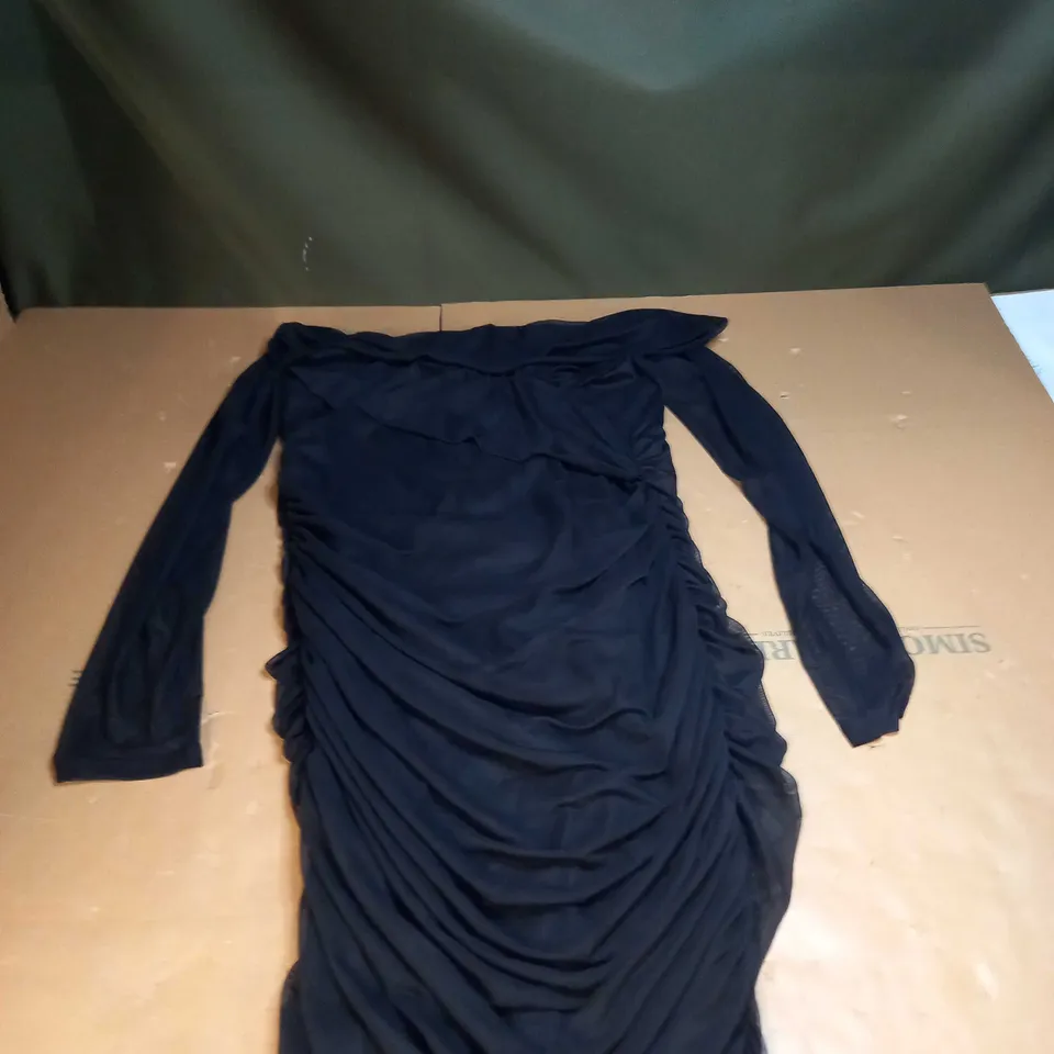 DESIGNER OFF SHOULDER RUCHED MESH BODYCON MIDI DRESS SIZE 18
