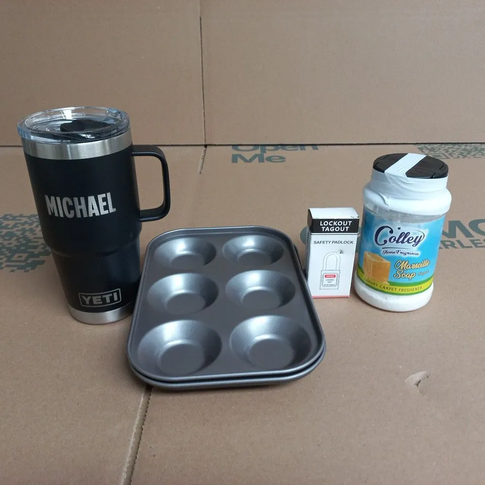 APPROXIMATELY 15 ASSORTED HOUSEHOLD PRODUCTS TO INCLUDE A PERSONALISED YETI TUMBLER, SMALL MUFFIN TRAYS AND COLLEY LUXURY CARPET FRESHENER