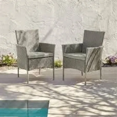 BOXED SET OF 2 LAURA JAMES KEMBLE MARSTON OUTDOOR DINING CHAIRS, GREY RATTAN WITH ASH GREY CUSHION (1 BOX)