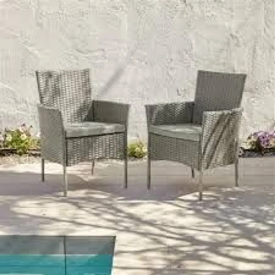 BOXED SET OF 2 LAURA JAMES KEMBLE MARSTON OUTDOOR DINING CHAIRS, GREY RATTAN WITH ASH GREY CUSHION (1 BOX)
