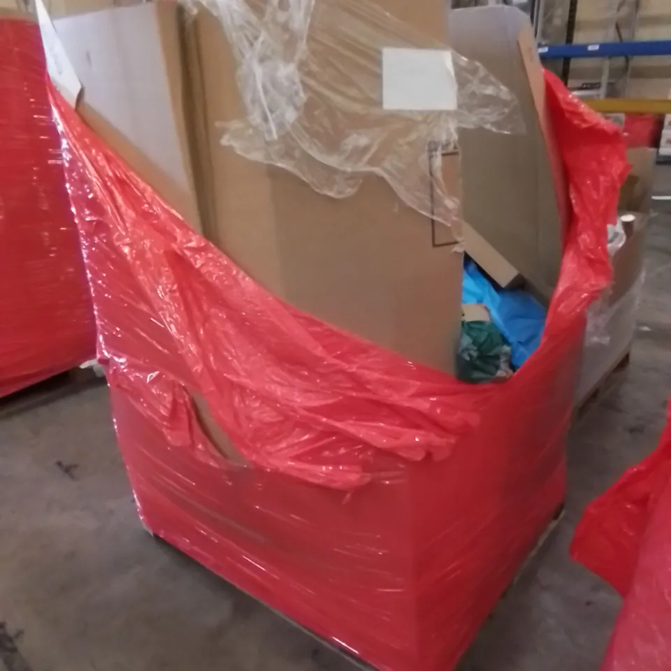 PALLET CONTAINING HOME IMPROVEMENT AND HOUSEHOLD PRODUCTS. INCLUDES PUNCHING BALL, YOGA MAT, TV STAND, TENT ETC
