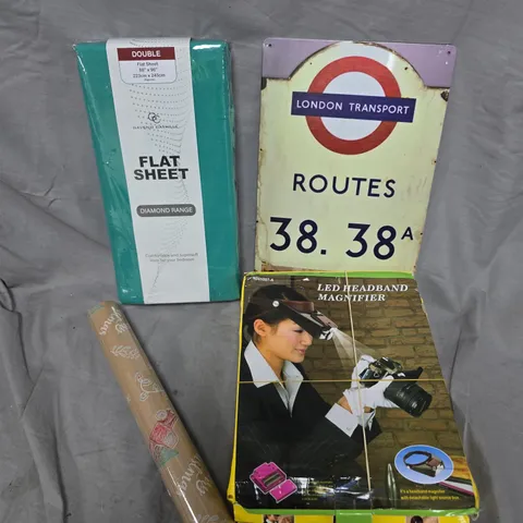 APPROXIMATELY 20 ASSORTED HOUSEHOLD PRODUCTS TO INCLUDE LED HEADBAND MAGNIFIER, DOUBLE BED SHEETS, WALL ART ETC  