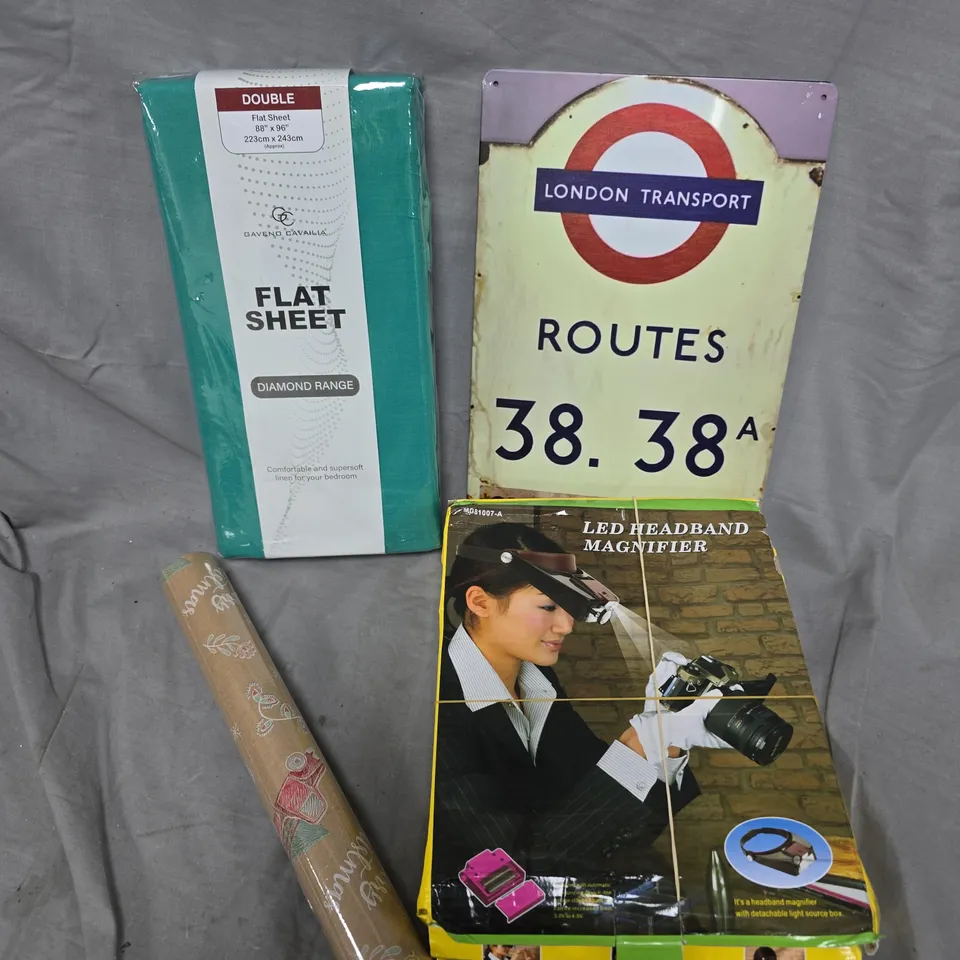 APPROXIMATELY 20 ASSORTED HOUSEHOLD PRODUCTS TO INCLUDE LED HEADBAND MAGNIFIER, DOUBLE BED SHEETS, WALL ART ETC  